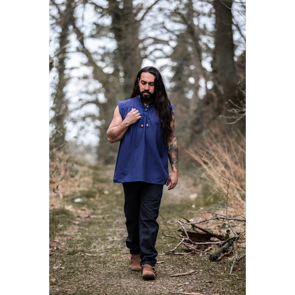 Product image Medieval Stand-Up Collar Lace-Up Shirt Louis Sleeveless Blue