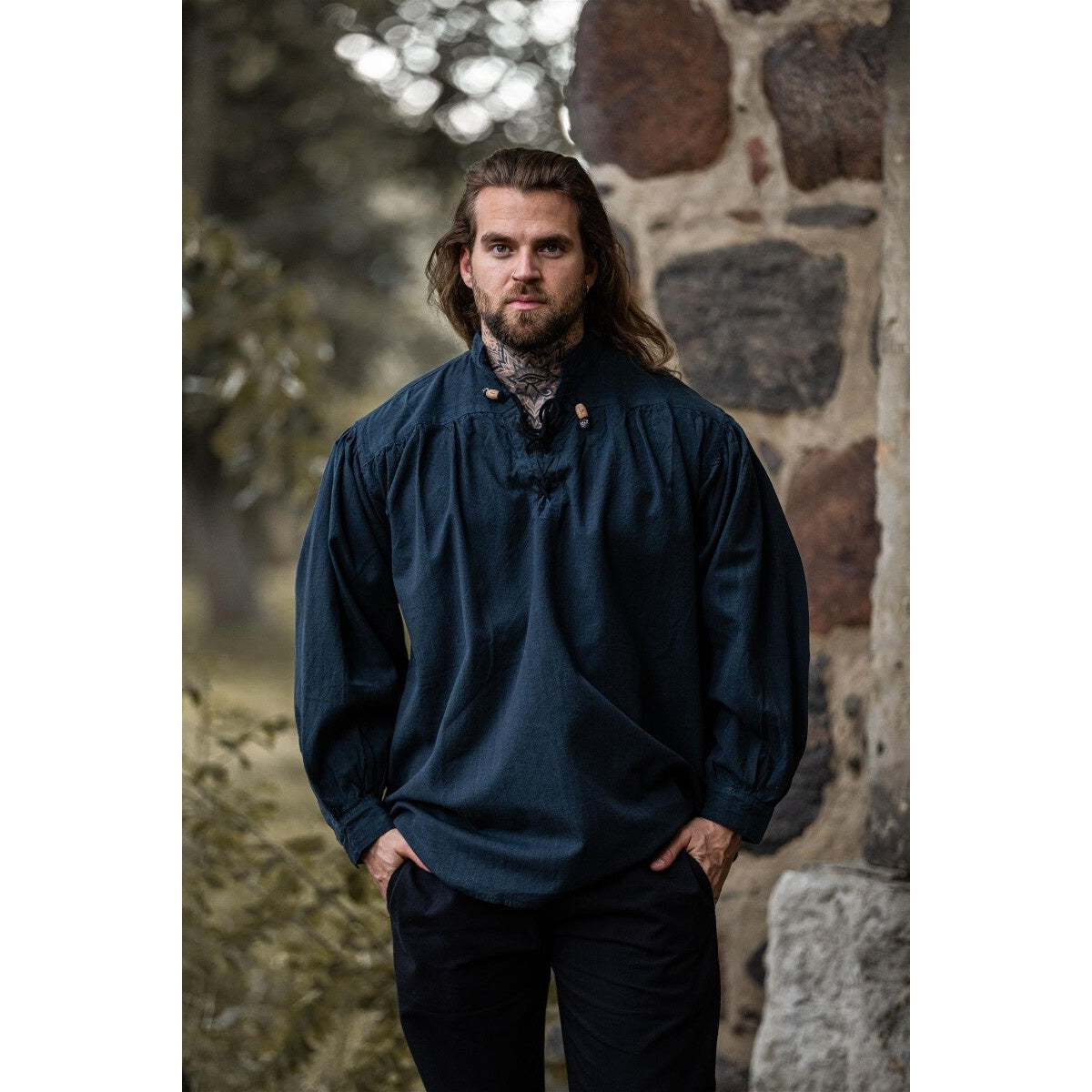 Product image Medieval Stand-Up Collar Lace-Up Shirt Georg blue mottled